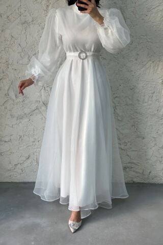 Dalya Basic Hijab Evening Dress Ecru