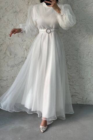 Dalya Basic Hijab Evening Dress Ecru