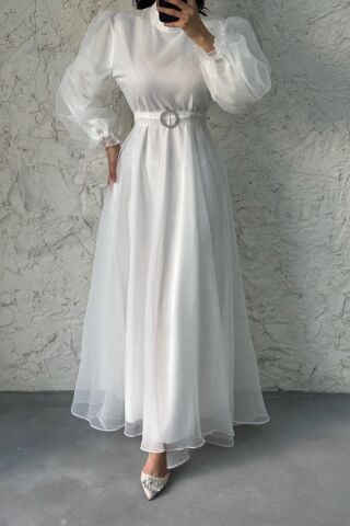 Dalya Basic Hijab Evening Dress Ecru