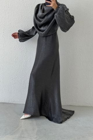 Dökümlü Balon Volan Kol Organze Tesettür Abiye Gri