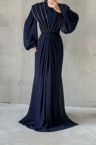 Unique Detailed Chiffon Hijab Evening Dress Navy Blue
