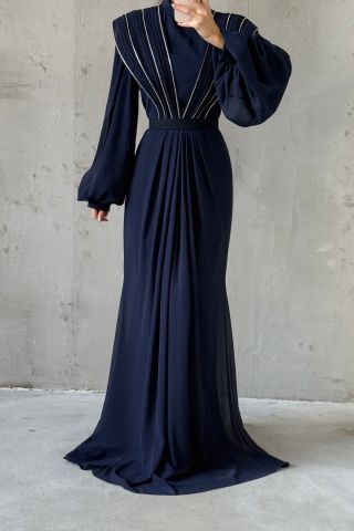 Unique Detailed Chiffon Hijab Evening Dress Navy Blue