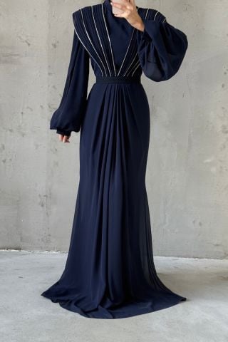 Eşsiz Detaylı Şifon Tesettür Abiye Lacivert