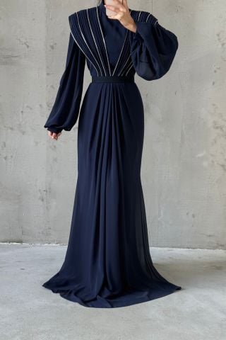 Eşsiz Detaylı Şifon Tesettür Abiye Lacivert