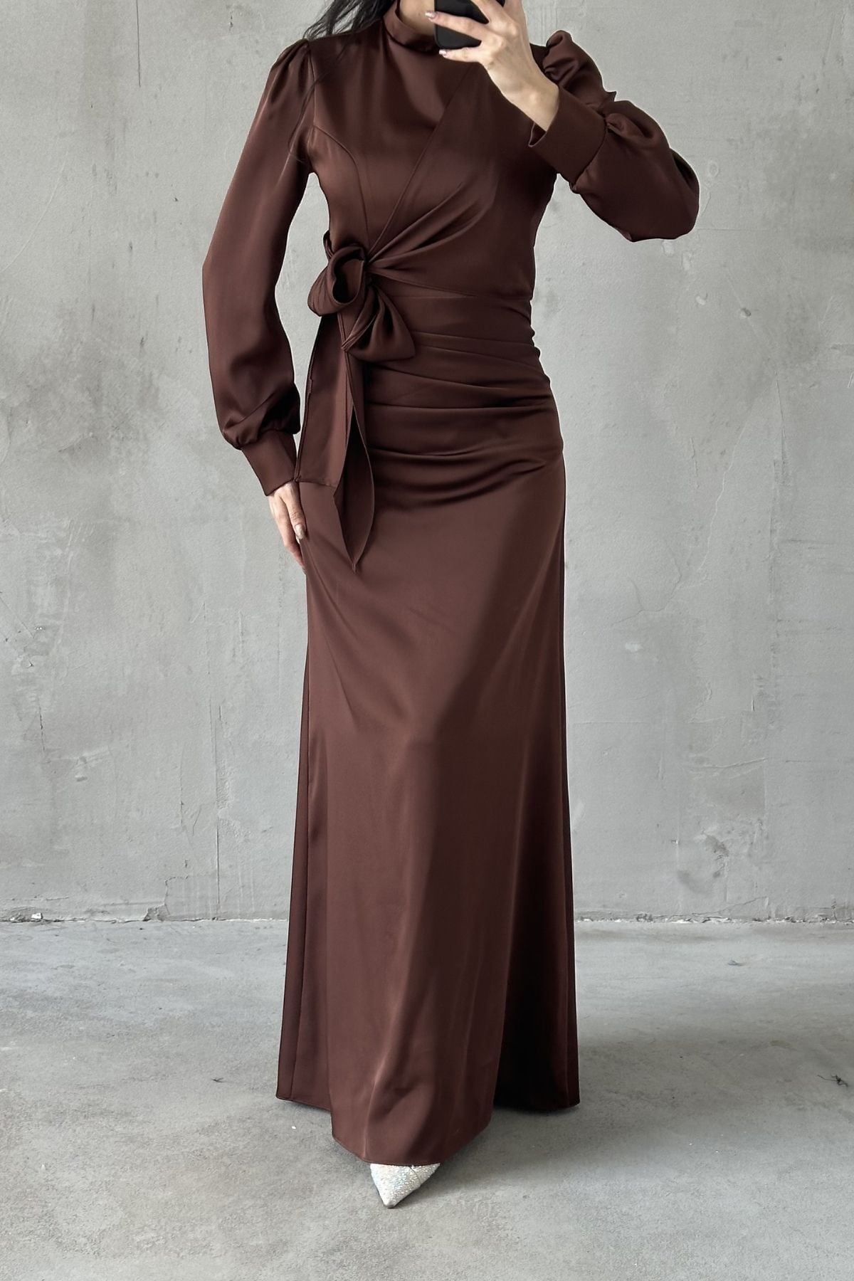 Satin Hijab Evening Dress Brown with Gathering and Knot Detail