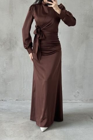 Satin Hijab Evening Dress Brown with Gathering and Knot Detail