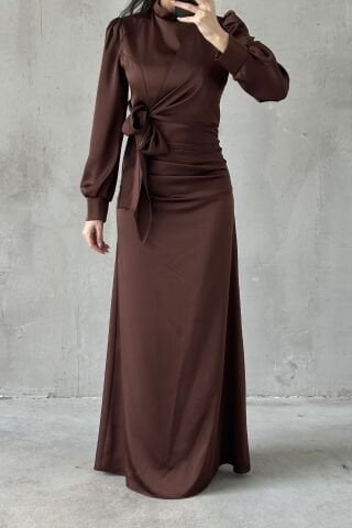 Satin Hijab Evening Dress Brown with Gathering and Knot Detail