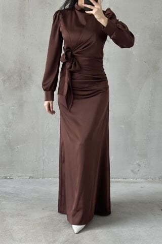 Satin Hijab Evening Dress Brown with Gathering and Knot Detail