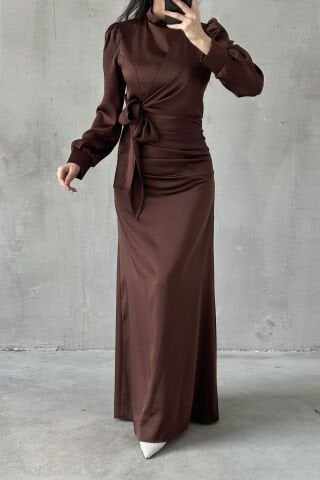 Satin Hijab Evening Dress Brown with Gathering and Knot Detail