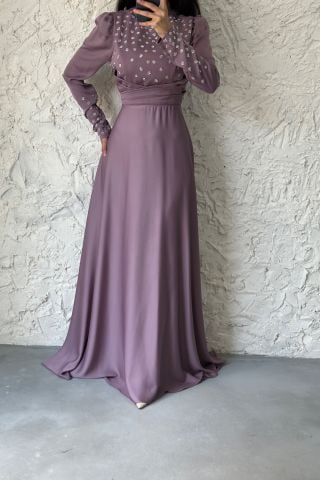 Kolu Ve Üstü Taş Detaylı Saten Tesettür Abiye Lila