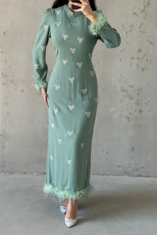Fiyonk Taş İşlemeli Tüylü Siyah Tesettür Abiye Mint Yeşili