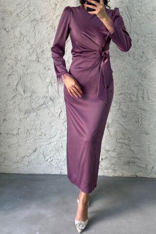 Kolu Tüylü Kalem Saten Tesettür Abiye Lila