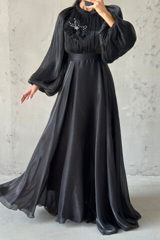 Gül Rüyası Janjan Tesettür Abiye  Siyah