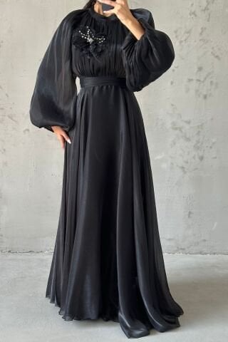 Gül Rüyası Janjan Tesettür Abiye  Siyah