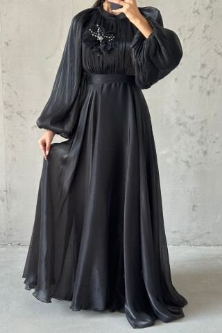 Gül Rüyası Janjan Tesettür Abiye  Siyah