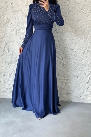 Kolu Ve Üstü Taş Detaylı Saten Tesettür Abiye Lacivert