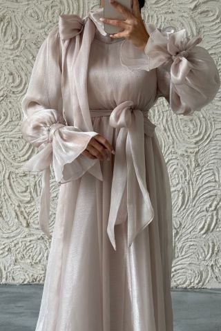 Organza Hijab Evening Dress with Belt and Sleeves Stone