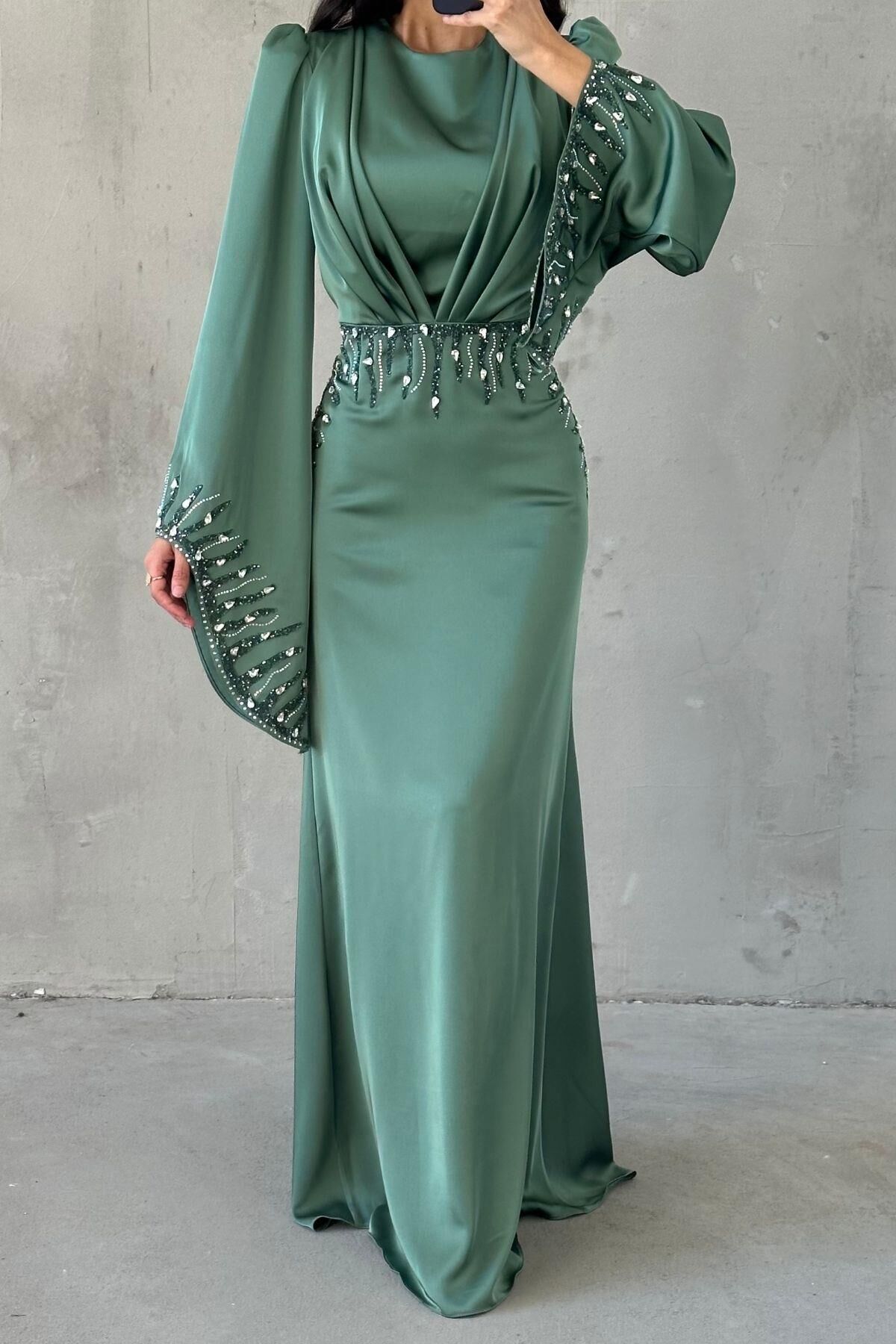Zerafet Işıltısı Saten Tesettür Abiye Mint Yeşili