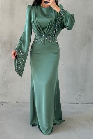 Zerafet Işıltısı Saten Tesettür Abiye Mint Yeşili