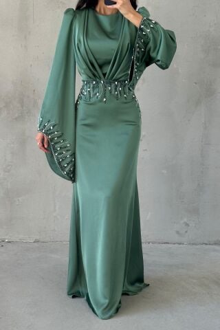 Zerafet Işıltısı Saten Tesettür Abiye Mint Yeşili