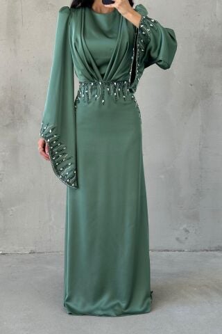 Zerafet Işıltısı Saten Tesettür Abiye Mint Yeşili