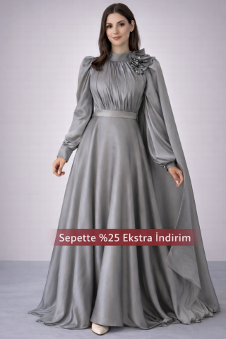 Akıcı Organze ve Piliseli Omuz Detaylı Abiye Gri