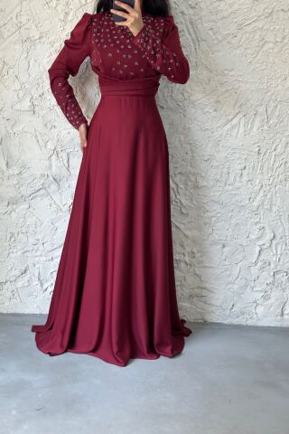 Kolu Ve Üstü Taş Detaylı Saten Tesettür Abiye Bordo