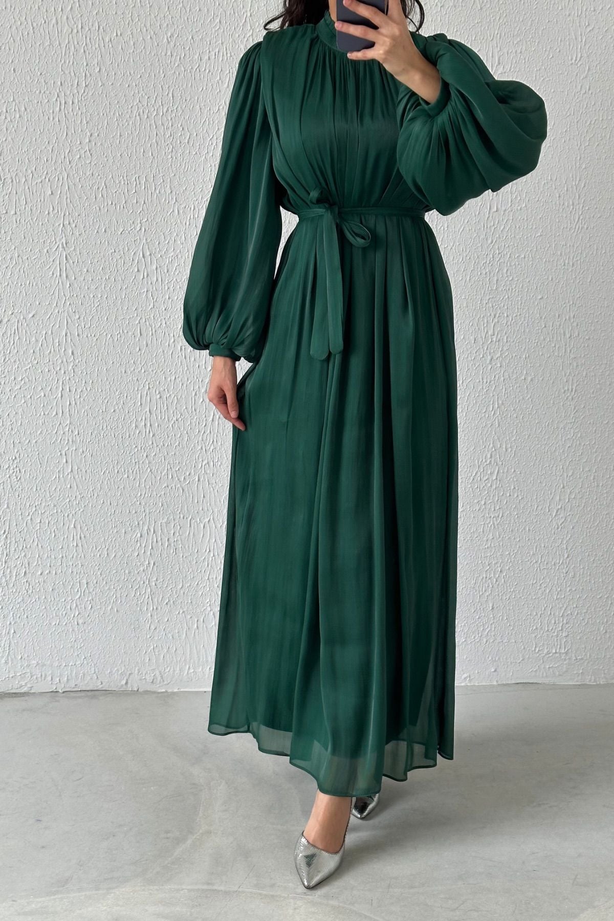 Balon Kol Basic Organze Tesettür Abiye Yeşil