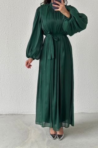 Balon Kol Basic Organze Tesettür Abiye Yeşil
