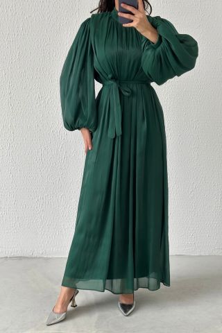 Balon Kol Basic Organze Tesettür Abiye Yeşil
