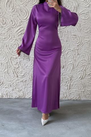 Saten İncisi: Volan Kol Zincir Detaylı Tesettür Abiye Lila