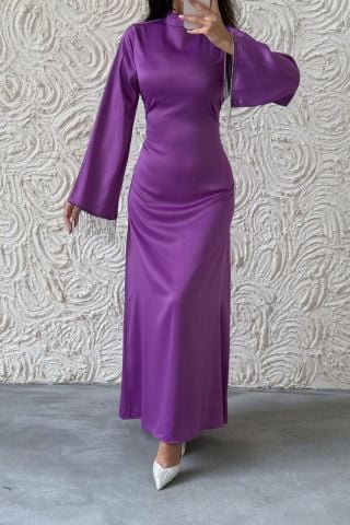 Satin Pearl: Flounce Sleeve Chain Detailed Modest Evening Dress Lilac