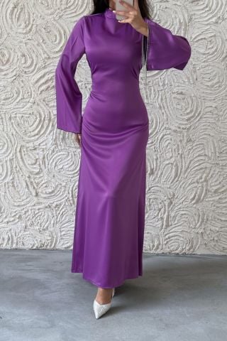Satin Pearl: Flounce Sleeve Chain Detailed Modest Evening Dress Lilac