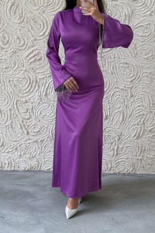 Satin Pearl: Flounce Sleeve Chain Detailed Modest Evening Dress Lilac