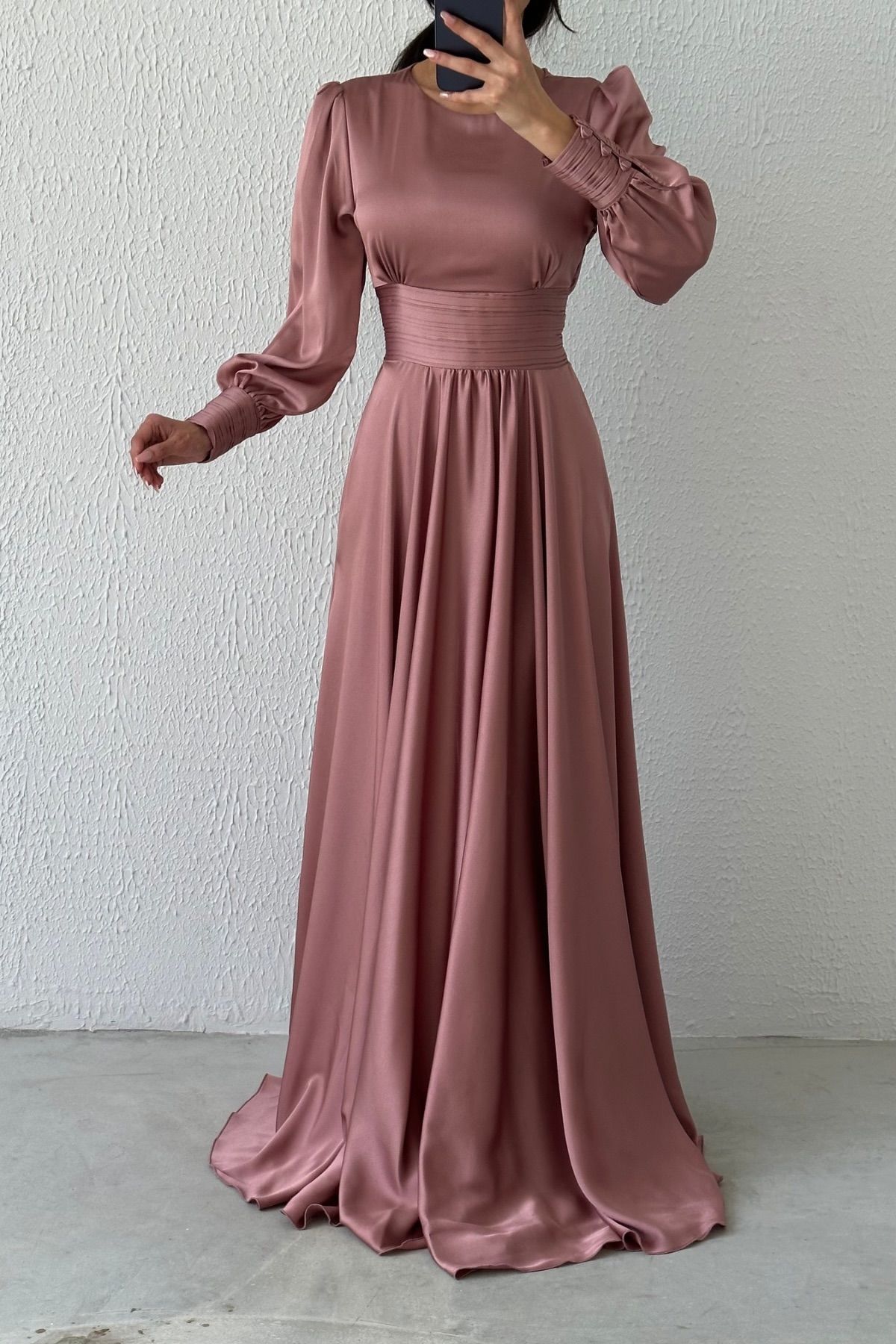 Charming Satin Belted Hijab Evening Dress-Powder