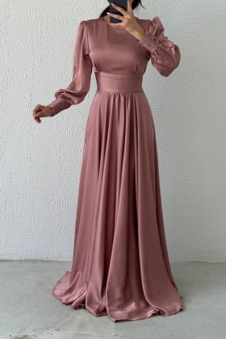 Charming Satin Belted Hijab Evening Dress-Powder
