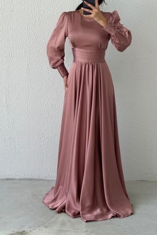 Charming Satin Belted Hijab Evening Dress-Powder
