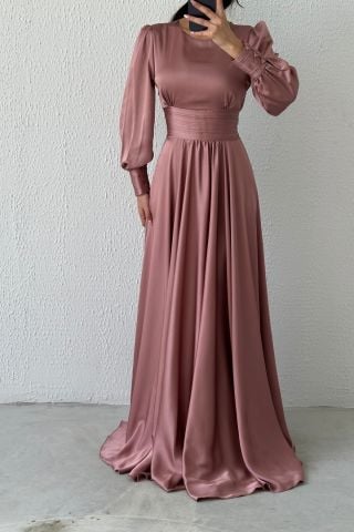 Charming Satin Belted Hijab Evening Dress-Powder