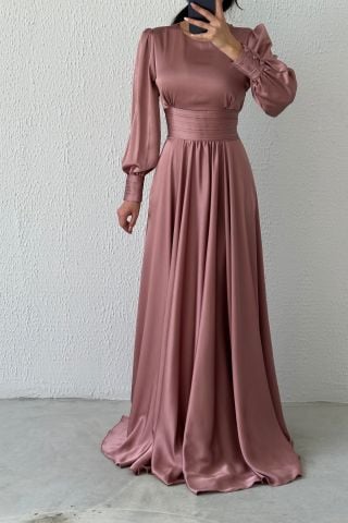 Charming Satin Belted Hijab Evening Dress-Powder