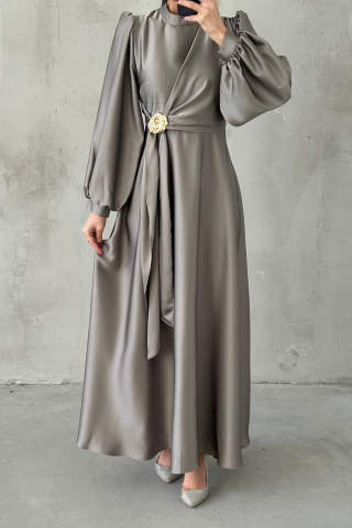 Eliz Satin Hijab Evening Dress, Mink
