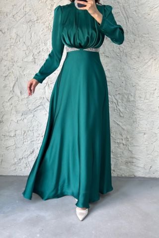 Stone Detailed Gathered Satin Hijab Evening Dress Emerald Green