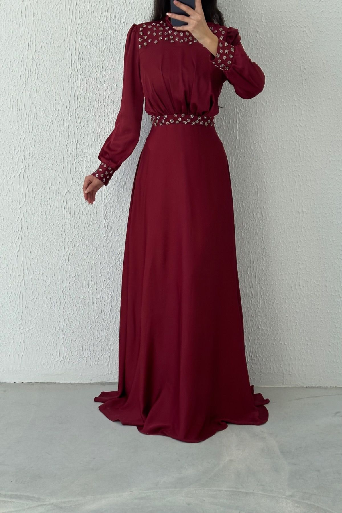 Satin Hijab Evening Dress with Stone Detail at Waist and Sleeve End Claret Red