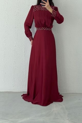 Satin Hijab Evening Dress with Stone Detail at Waist and Sleeve End Claret Red