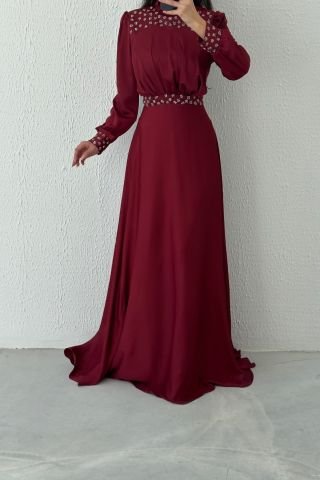 Satin Hijab Evening Dress with Stone Detail at Waist and Sleeve End Claret Red