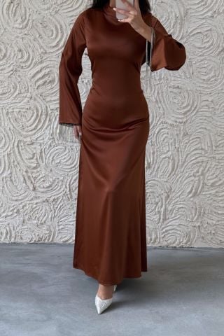 Satin Pearl: Flounce Sleeve Chain Detailed Modest Evening Dress Light Brown