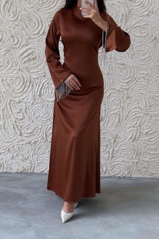 Satin Pearl: Flounce Sleeve Chain Detailed Modest Evening Dress Light Brown
