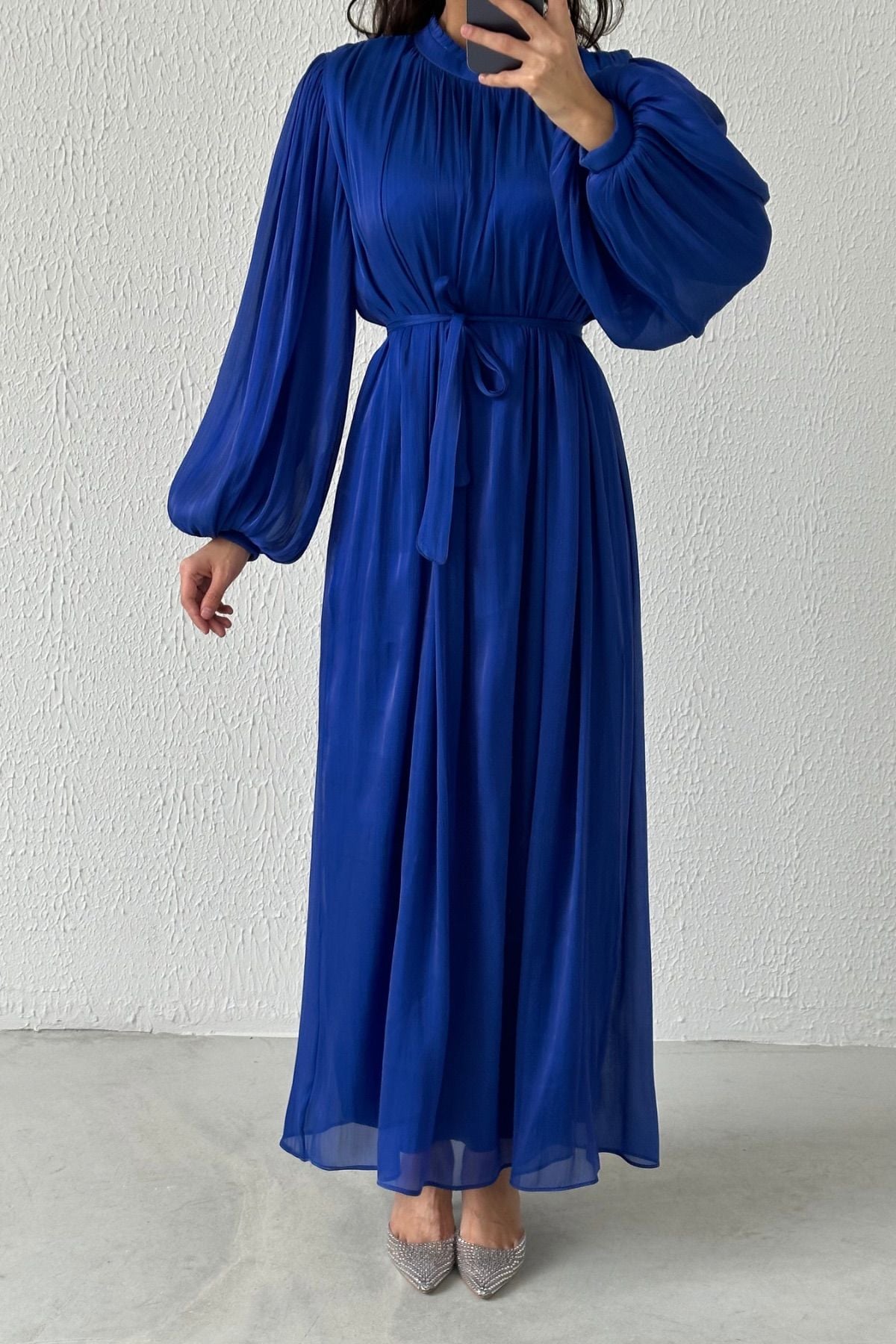 Balon Kol Basic Organze Tesettür Abiye Saks Mavisi