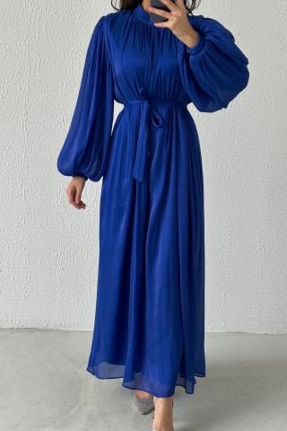 Balon Kol Basic Organze Tesettür Abiye Saks Mavisi