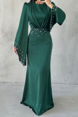 Elegance Sparkle Satin Modest Evening Dress Emerald Green