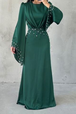 Zerafet Işıltısı Saten Tesettür Abiye Zümrüt Yeşili
